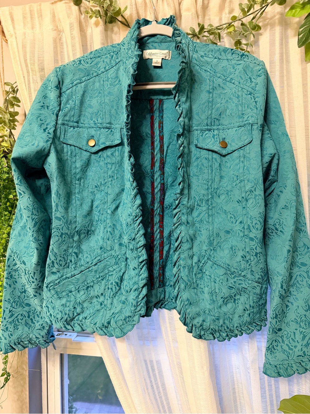 Coldwater Creek Teal Floral Jacquard Ruffle Jacket